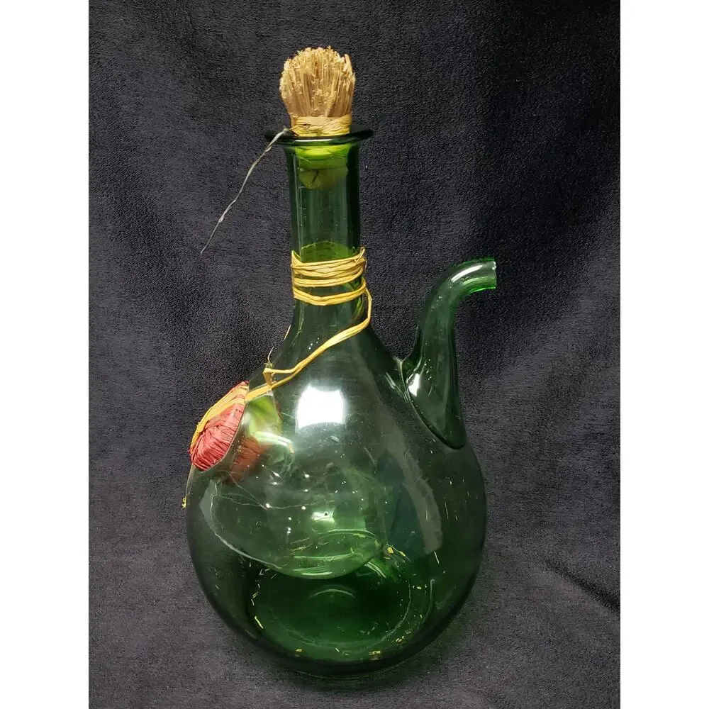 Vintage Italian Green Hand Blown Glass Wine Decanter w Ice Chamber Made In Italy